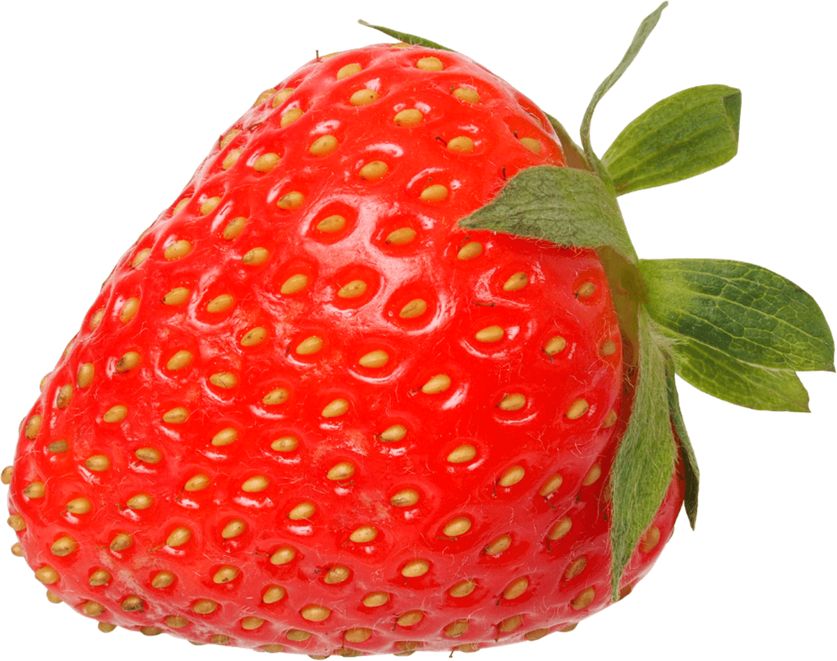 A single ripe strawberry with its calyx attached