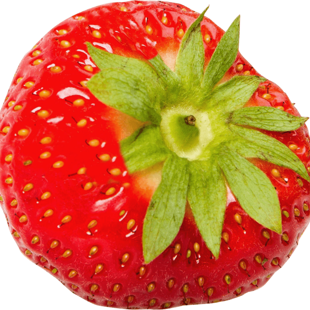 A strawberry seen from above, calyx uppermost