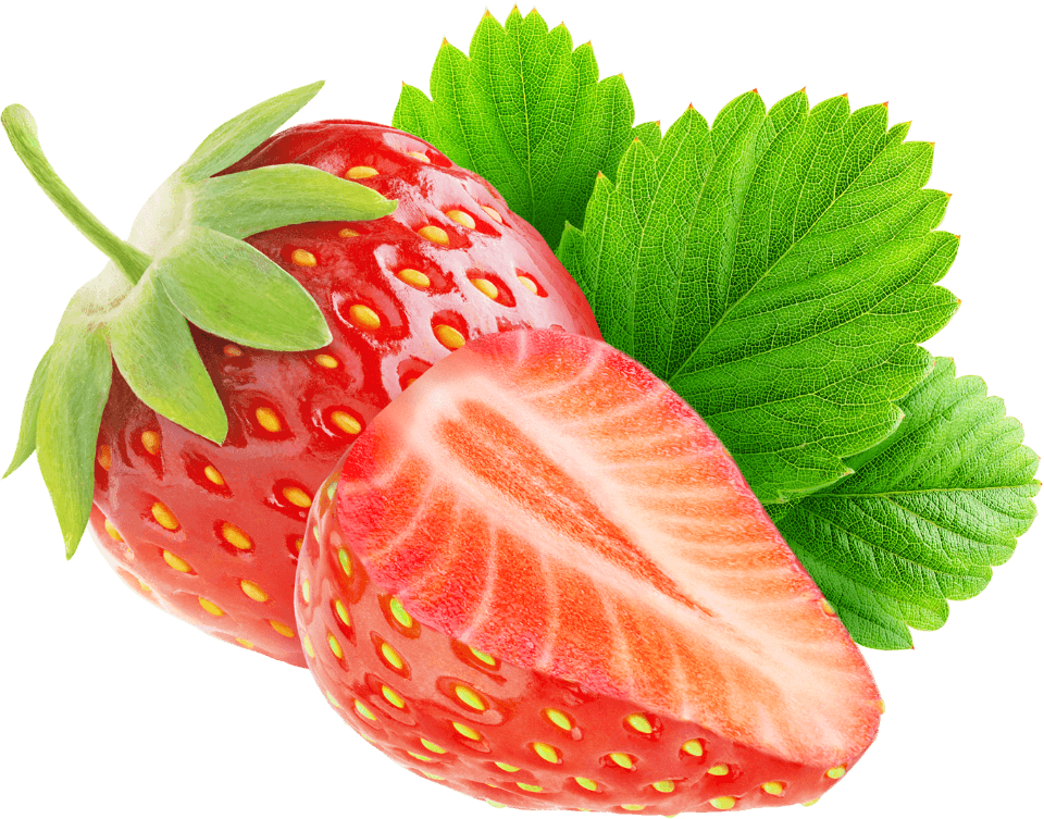 A strawberry and a cut half beside green leaves